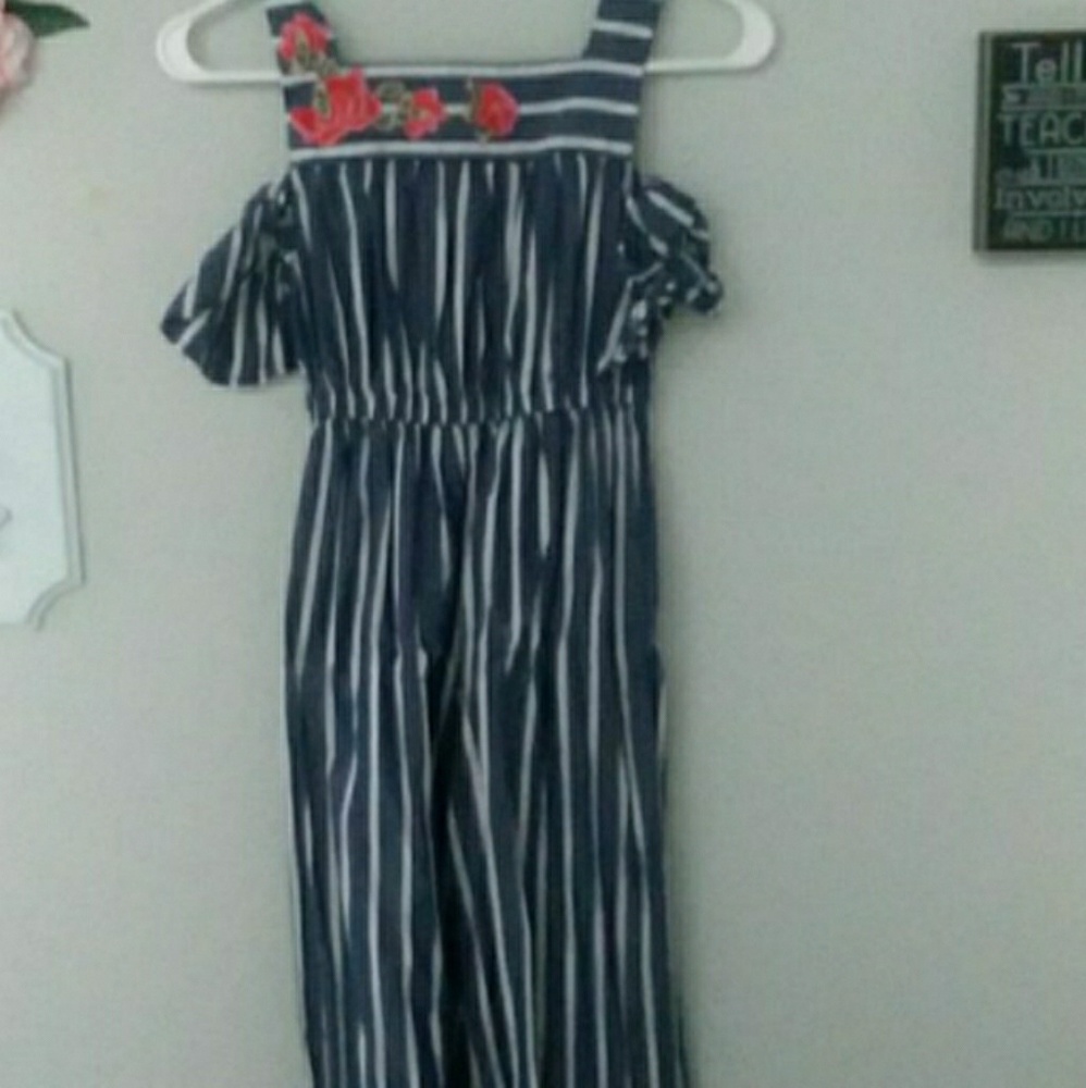 Blue white striped jumpsuit.